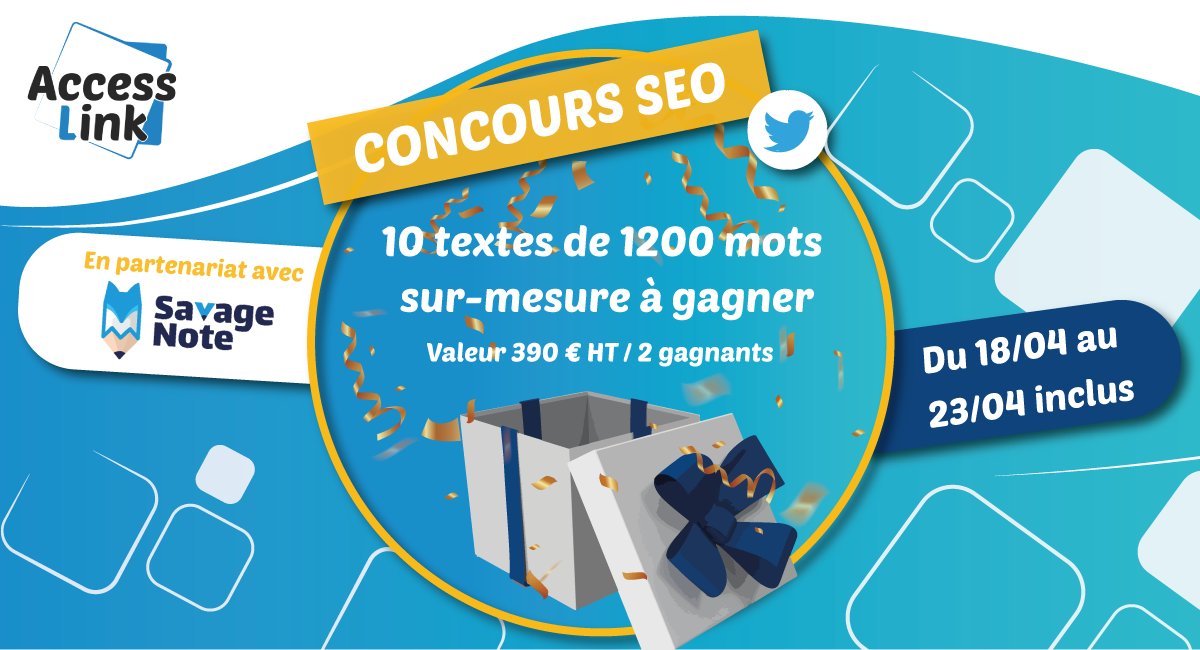 🔗 AccessLink - Backlinks dès 3 € 🔗 (@access_link) on Twitter photo 🐺 CONCOURS - Gagnez 10 articles à la carte !
🖊 1200 mots et une méta-description
💻 Rédaction humaine optimisée #SEO
📸 2 à 3 images par article
👉 RT et follow <a href="/TontexteBiz/">Savage-note.com 🐺</a> + <a href="/access_link/">🔗 AccessLink - Backlinks dès 3 € 🔗</a> pour participer
Merci Savage Note pour ce cadeau de dingue !
🍀 2 gagnants - TAS 🐺 CONCOURS - Gagnez 10 articles à la carte !
🖊 1200 mots et une méta-description
💻 Rédaction humaine optimisée #SEO
📸 2 à 3 images par article
👉 RT et follow <a href="/TontexteBiz/">Savage-note.com 🐺</a> + <a href="/access_link/">🔗 AccessLink - Backlinks dès 3 € 🔗</a> pour participer
Merci Savage Note pour ce cadeau de dingue !
🍀 2 gagnants - TAS