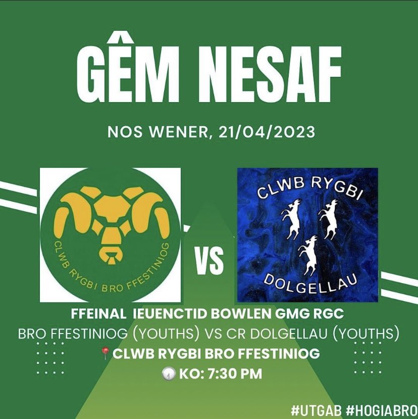 Clwb Rygbi Bro Ffest (@broffestiniog) on Twitter photo 🚨GÊM DERFYNOL/FINAL!!!🚨
Bydd ein tîm ieuenctid yn croesawu @clwbrygbidolgellau i Bro nos Wener yn gêm terfynol bowlen RGC - uchafbwynt tymor y tîm hyd yma. Dewch lawr i gefnogi’r hogia’ a chreu awyrgylch arbennig!
#UTGAB #hogiabro
<a href="/RGCNews/">RGCnews🏉</a> <a href="/RGCCymuned/">Cymuned RGC Community</a> <a href="/GogPod/">GogPod</a> <a href="/ovalzonerugby/">Oval Zone Rugby Mag</a> 🚨GÊM DERFYNOL/FINAL!!!🚨
Bydd ein tîm ieuenctid yn croesawu @clwbrygbidolgellau i Bro nos Wener yn gêm terfynol bowlen RGC - uchafbwynt tymor y tîm hyd yma. Dewch lawr i gefnogi’r hogia’ a chreu awyrgylch arbennig!
#UTGAB #hogiabro
<a href="/RGCNews/">RGCnews🏉</a> <a href="/RGCCymuned/">Cymuned RGC Community</a> <a href="/GogPod/">GogPod</a> <a href="/ovalzonerugby/">Oval Zone Rugby Mag</a>