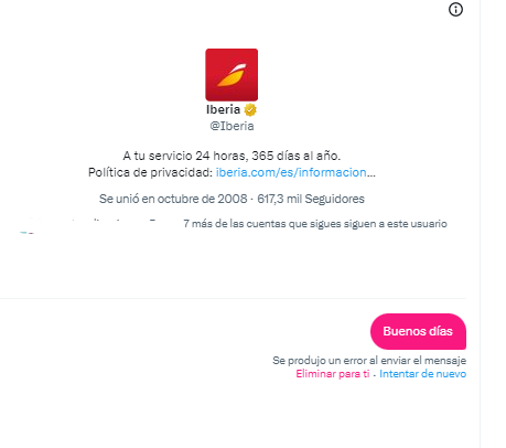 Be_i_ta's tweet photo. @Iberia Buenos días, el sistema no me deja enviarles MD, no entiendo por qué. (adjunto captura de lo que me aparece al escribirles).
Les dejo aquí el código de expediente: P20221220-32531276 https://t.co/8qCvVwFhXD