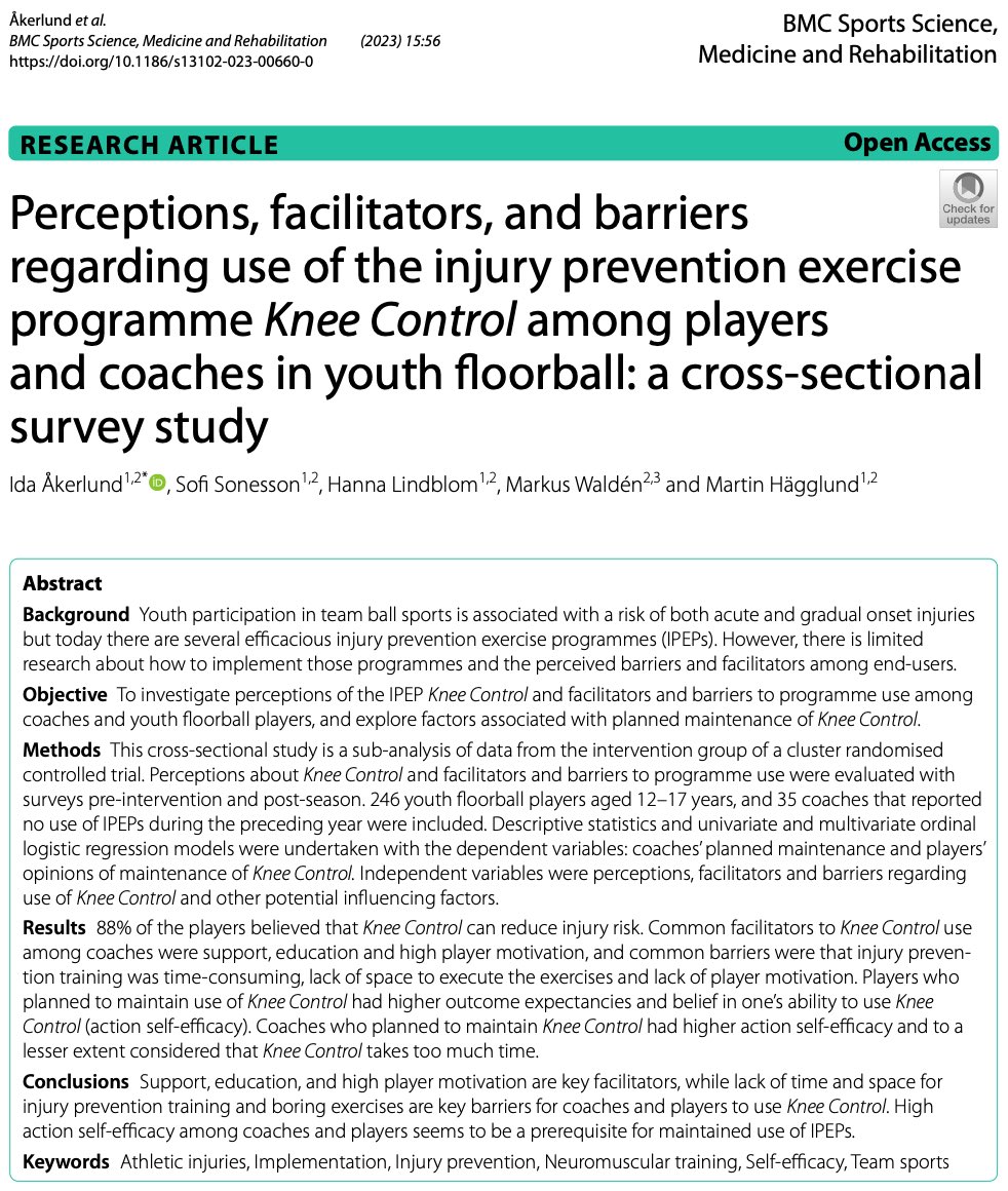 Sport Without Injury ProgrammE (@swipe__) on Twitter photo 🚨 New study: How do floorball players & coaches perceive injury prevention training? #openaccess
🏑 88% believe it ⬇️ injury risk
🏑 Coach support & education & high player motivation are 🔑
🏑 High self-efficacy ➡️ high intent to maintain program use
…sportsscimedrehabil.biomedcentral.com/counter/pdf/10… 🚨 New study: How do floorball players & coaches perceive injury prevention training? #openaccess
🏑 88% believe it ⬇️ injury risk
🏑 Coach support & education & high player motivation are 🔑
🏑 High self-efficacy ➡️ high intent to maintain program use
…sportsscimedrehabil.biomedcentral.com/counter/pdf/10…