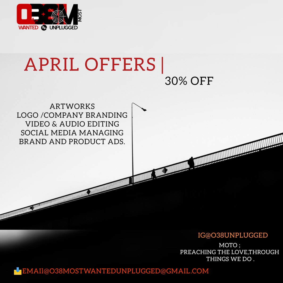 APRIL OFFERS 🏷
We working on bringing the best 🎈

#O38unplugged 
#GraphicDesign 
#companies