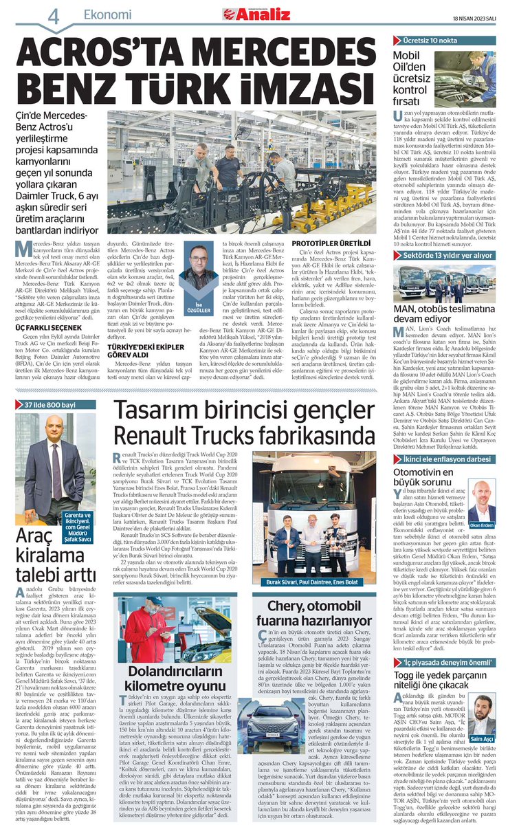 Analiz Gazetesi 
Ulusal Ekonomi Gazetesi..

18 NİSAN SALI REEL SEKÖR/EKONOMİ SAYFASI:

Bugünkü manşet marka: #MercedesBenzTürk
Daimler Truck’ın Çin’de ürettiği Actros’ta Mercedes-Benz Türk imzası..

@MercedesTurkiye @MercedesBenzTR @DaimlerTruck 
analizgazetesi.com.tr/gazete/18-nisa…