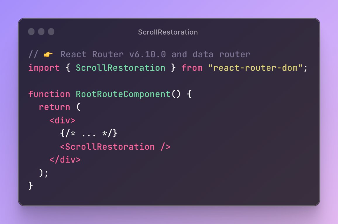 📌 ¡Feliz martes! ¿Usas React Router y quieres restaurar el scroll cuando el usuario navega? Aquí te muestro cómo. Eso sí, ¡importante!

#reactjs #reactrouter