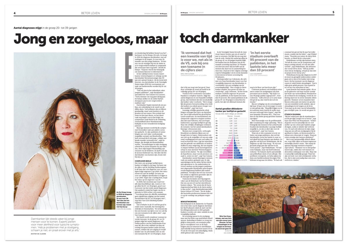 LucColemont's tweet photo. Sterk artikel in @demorgen!👍

“Jong &amp; zorgeloos, maar toch darmkanker”😔

Mooie bijdrage van An De Kimpe, al > 10 jaar stadium 4 ‘survivor’ &amp; @StopDarmkanker ‘ambassadrice’💙

Txs @DieterDeCleene om bijdrage te kunnen leveren 😉

#kennisdelen 🍀 #startscreeningat45 https://t.co/dgahcG9TGd