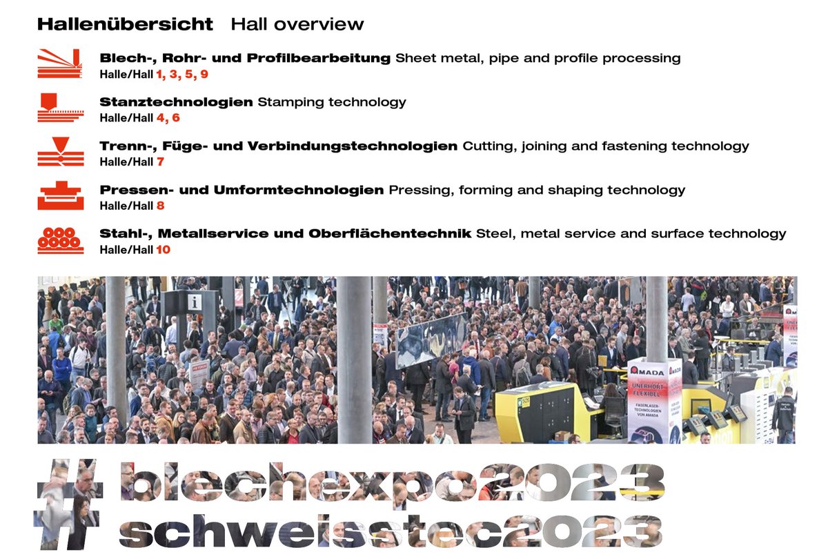 Best possible thematic overview for Blechexpo/Schweisstec 2023! A rounded concept.

👉🏻 DOWNLOAD IT HERE:
blechexpo-messe.de/dl/Hallenübers…

#Blechexpo2023 #Schweisstec2023 #international #tradefair #sheetmetalworking #joiningtechnology #schallmessen
