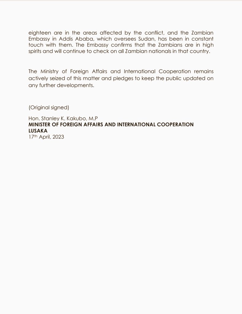 Press Statement by Hon. Stanley K. Kakubo, M.P, Minister of Foreign Affairs and International Cooperation of the Republic of Zambia on the welfare of Zambians in the Republic of Sudan.