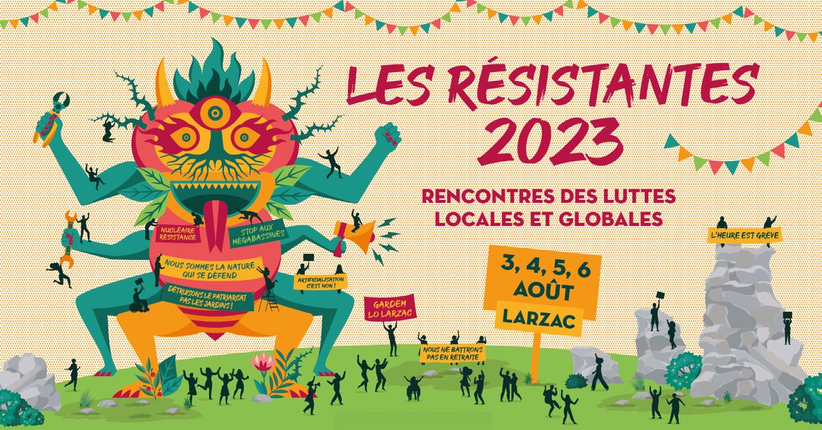 🌞 LES RÉSISTANTES - AOÛT 2023 🤸‍♀️🎪🎉💛 Terres de Luttes et les collectifs du Larzac (Conf'Aveyron, habitants, SCTL...) nous sommes heureuses et heureux de vous annoncer que nous préparons ✨ Les Résistantes - Rencontres des luttes locales et globales du 3 au 6 août 2023 ! ✨