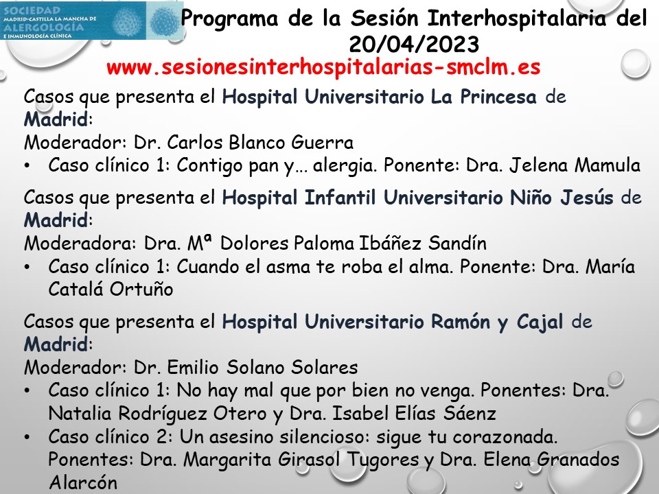 Sesión interhospitalaria de <a href="/Alergia_SMCLM/">SMCLM Alergología</a> del 20 de abril. Inscripciones en sesionesinterhospitalarias-smclm.es <a href="/CAJMIR_SEAIC/">CAJMIR</a> <a href="/SEAIC_Alergia/">SEAIC</a>