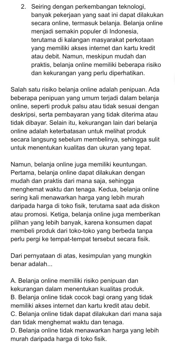 chocostudy_'s tweet image. 𝗕𝗮𝗵𝗮𝘀 𝘀𝗼𝗮𝗹 𝗦𝗡𝗕𝗧 𝟮𝟬𝟮𝟯 𝗯𝗮𝗿𝗲𝗻𝗴 𝗵𝗮𝗻𝗶 𝘆𝘂𝗸! 🐣

Penalaran Umum - Kesimpulan Teks 📃✨

• Mungkin salah, pasti salah, mungkin benar &amp;amp; pasti benar
• Menyimpulkan teks
• Kualitas kesimpulan 

Sebelum aku bahas bisa reply dulu yuk jawaban kalian‼️