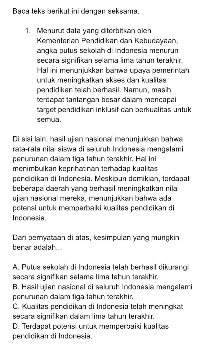 chocostudy_'s tweet image. 𝗕𝗮𝗵𝗮𝘀 𝘀𝗼𝗮𝗹 𝗦𝗡𝗕𝗧 𝟮𝟬𝟮𝟯 𝗯𝗮𝗿𝗲𝗻𝗴 𝗵𝗮𝗻𝗶 𝘆𝘂𝗸! 🐣

Penalaran Umum - Kesimpulan Teks 📃✨

• Mungkin salah, pasti salah, mungkin benar &amp;amp; pasti benar
• Menyimpulkan teks
• Kualitas kesimpulan 

Sebelum aku bahas bisa reply dulu yuk jawaban kalian‼️