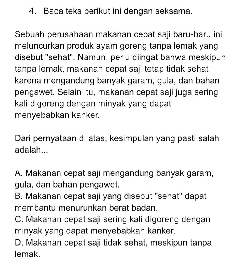 chocostudy_'s tweet image. 𝗕𝗮𝗵𝗮𝘀 𝘀𝗼𝗮𝗹 𝗦𝗡𝗕𝗧 𝟮𝟬𝟮𝟯 𝗯𝗮𝗿𝗲𝗻𝗴 𝗵𝗮𝗻𝗶 𝘆𝘂𝗸! 🐣

Penalaran Umum - Kesimpulan Teks 📃✨

• Mungkin salah, pasti salah, mungkin benar &amp;amp; pasti benar
• Menyimpulkan teks
• Kualitas kesimpulan 

Sebelum aku bahas bisa reply dulu yuk jawaban kalian‼️