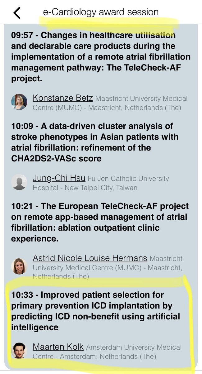 Fleur Tjong (@fleurtjong) on Twitter photo ‼️Come join us for the e-Cardiology Award 🏆session at Agora #EHRA2023
Interesting talks on #telehealth, #digital & #AI
Our PhD student <a href="/kolk_maarten/">Maarten Kolk</a> is presenting on #AI prediction model for #ICD-non benefit! 🫀⚡️
<a href="/sruiperez98/">Samuel Ruiperez-Campillo</a> <a href="/S_NarayanMD/">Sanjiv Narayan</a> <a href="/EmmaSvennberg/">Emma Svennberg</a> <a href="/DavidDuncker/">David Duncker</a> ‼️Come join us for the e-Cardiology Award 🏆session at Agora #EHRA2023
Interesting talks on #telehealth, #digital & #AI
Our PhD student <a href="/kolk_maarten/">Maarten Kolk</a> is presenting on #AI prediction model for #ICD-non benefit! 🫀⚡️
<a href="/sruiperez98/">Samuel Ruiperez-Campillo</a> <a href="/S_NarayanMD/">Sanjiv Narayan</a> <a href="/EmmaSvennberg/">Emma Svennberg</a> <a href="/DavidDuncker/">David Duncker</a>