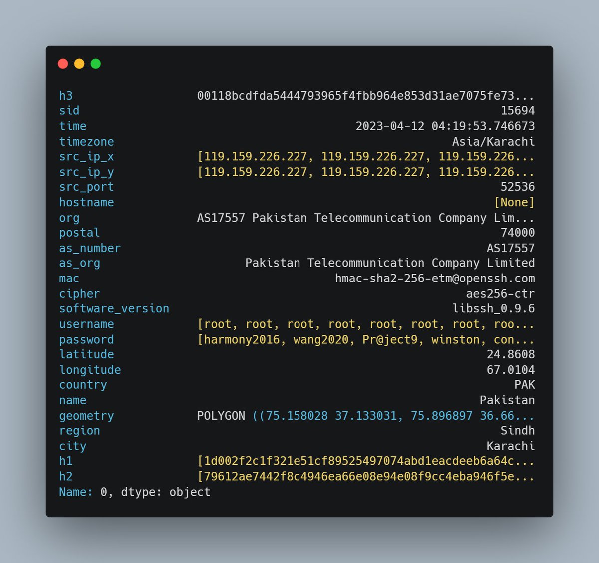 Iptoux's tweet image. Question about #Dataframes and #pandas, handling data later:
I have an sql database with tabels: ssh_data, ip_data, and whois_data. In the first both i have h3 hashes to identify data/user (there are more hashes). Now i merge it to one dataframe lokking like this:
Is this the…