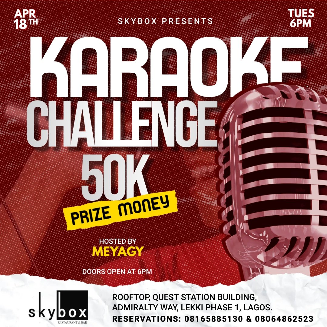 SkyboxLagos's tweet photo. Come and sing your heart out. You stand the chance  to win 50k at our Karaoke Challenge .

Every Tuesdays at 6pm
#SkyboxLagos https://t.co/lIGh5RHwh8