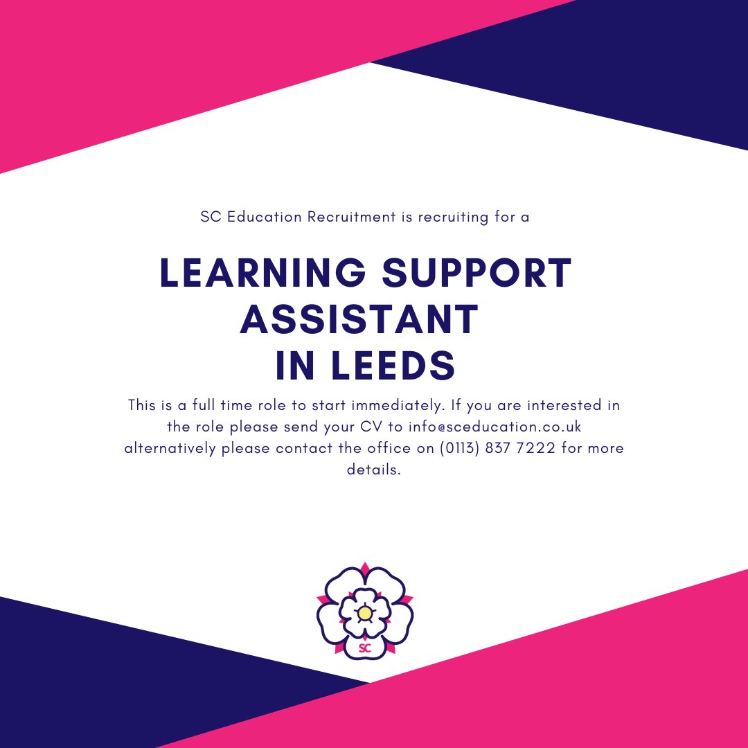 SC Education is currently looking to recruit a full time #LearningSupportAssistant to work in an alternative provision in Leeds.

#SCEducationRecruitment #EducationRecruitment #SchoolJobs #LeedsJobs