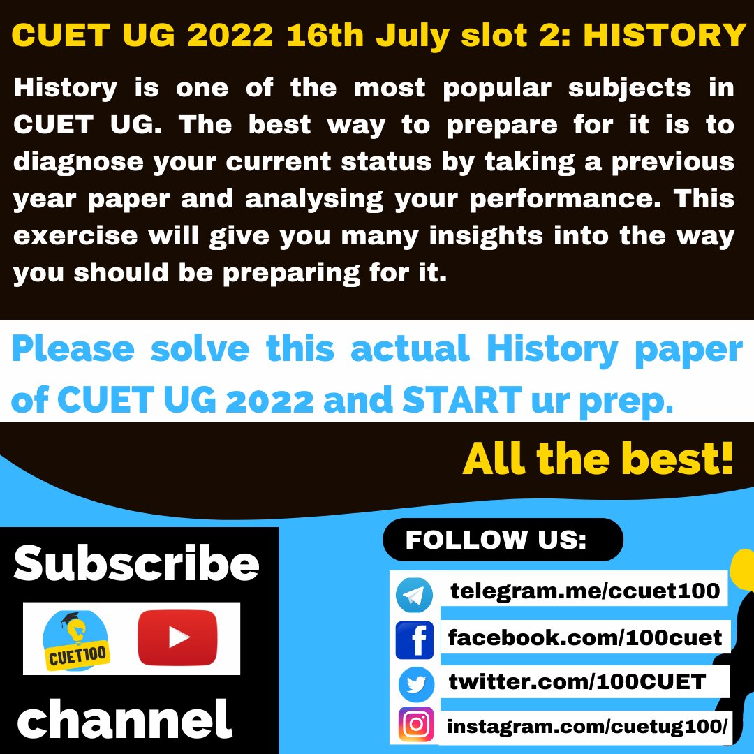 100CUET's tweet photo. History paper of CUET UG 2022: https://t.co/8JNUzFmPM8

#cuet2023 #CUETUG2023 #CUETUG #cuetcoaching #cuetuggeneraltest
#GeneralTest #cuetcoaching #cuetupdates #cuetapplication #cuetugapplicationreopen https://t.co/IDiyScJnmY