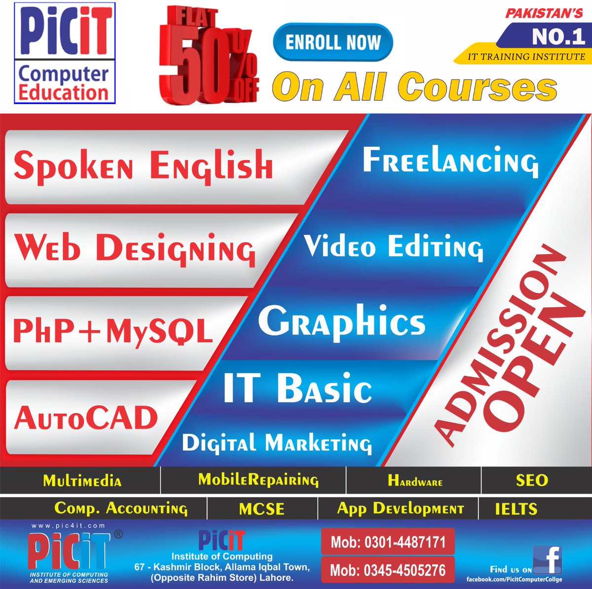 PiCiTCollege's tweet photo. Enroll Now &amp; Get Flat  50% Discount On All Courses 

Offer Valid till 15 MAY 2023

For More Info:
Please Visit our website
 https://t.co/XaDC2Yujg1
Call us /Whatsapp:📲 
0301-4487171 | 0345-4505276 
#Joinpicit #Learnskills  #fiverr #OnlineEarn  #ComputerEducation https://t.co/UeRLLKy2Im