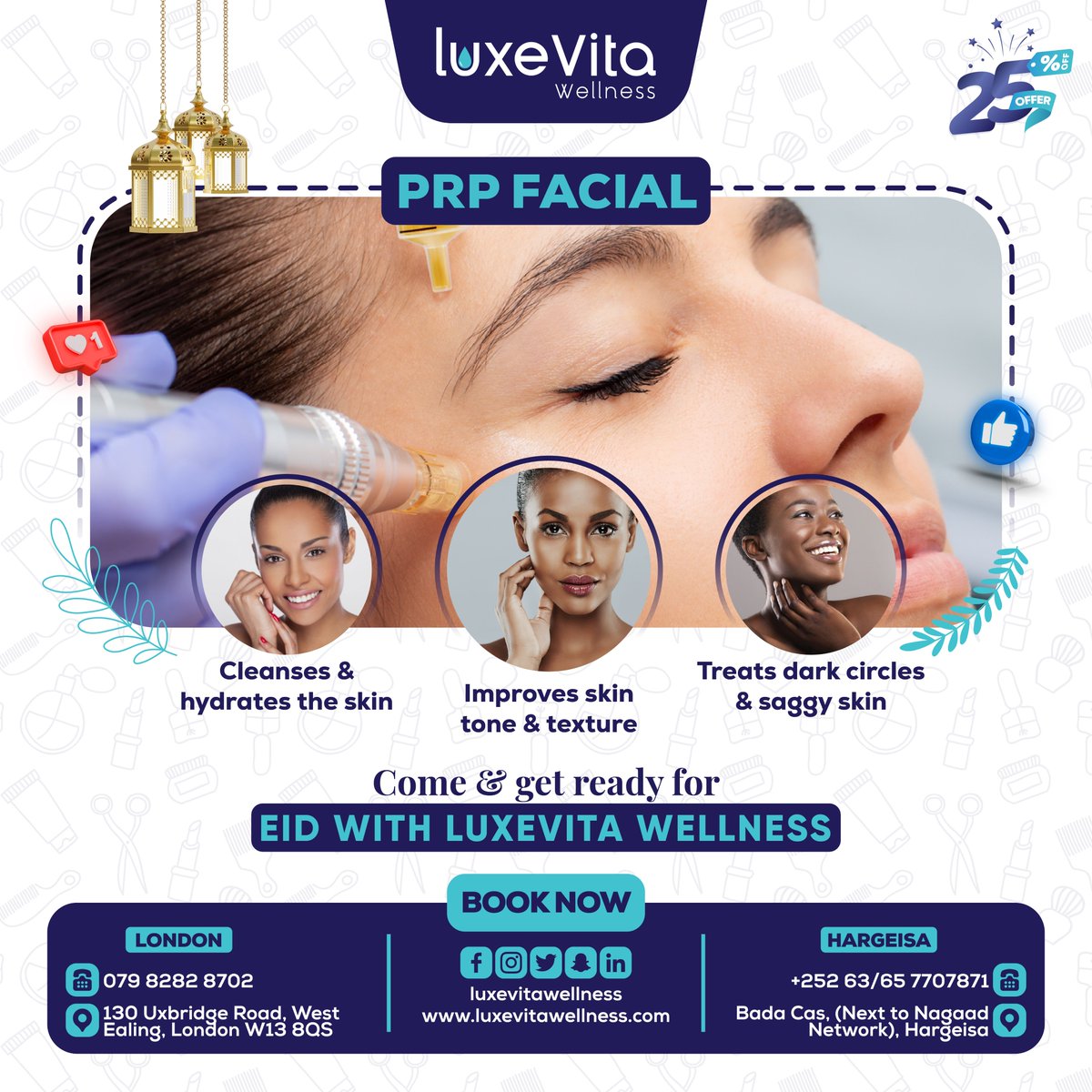 PRP Facial helps to naturally improve your skin's appearance without any chemicals and cleanses/hydrates your skin.
🗓️ Book your appointment today!
-
#luxevitawellness #london #hargeisa #prpfacial #plateletrichplasma #skinrejuvenation #antiaging #naturalbeauty #skincare #selfcare