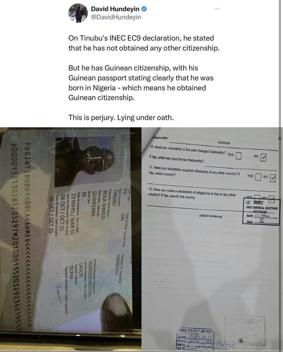 GistReel's tweet photo. According to Journalist David Hundeyin, Bola Tinubu holds dual citizenship with Guinea Conakry https://t.co/6iivgdafG8