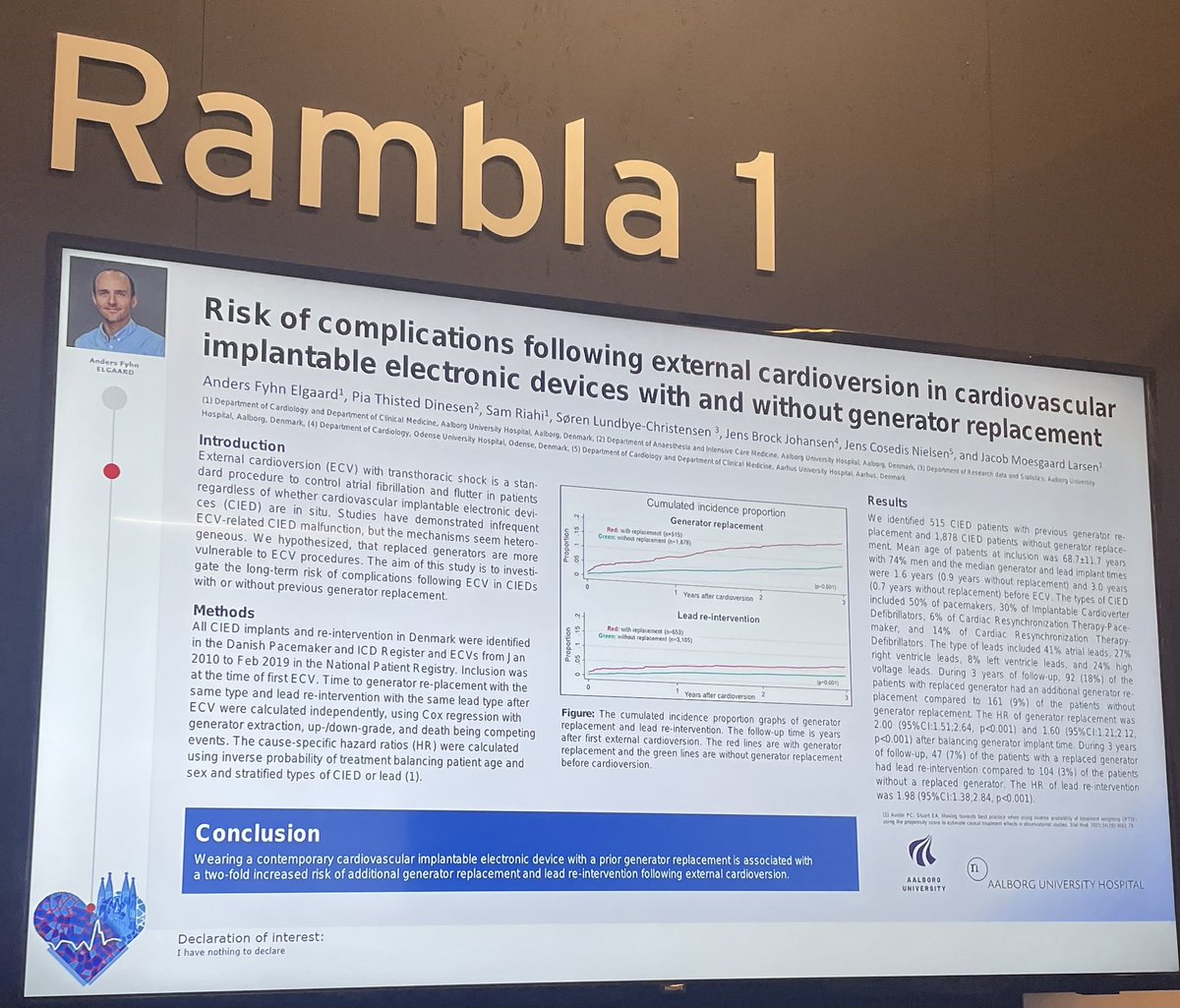 Day 1 at #EHRA2023. 
Earlier generator replacement is associated with a two-fold higher risk for device complications in case of external cardioversion⚡️ Suggestion: Routine post-shock interrogation. 
#aalborguh #CardioTwitter