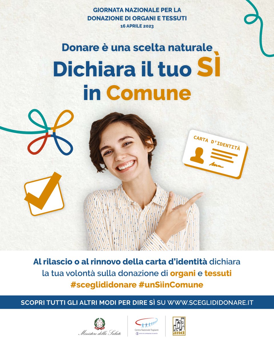 CNTrapianti's tweet photo. Oggi è la 26esima giornata nazionale per la donazione e il trapianto di organi e tessuti. Basta #UnSìInComune per diventare donatori e fare una scelta naturale! #sceglididonare @MinisteroSalute @comuni_anci  @ANCI_comunicare https://t.co/3QzeqWPCFp
