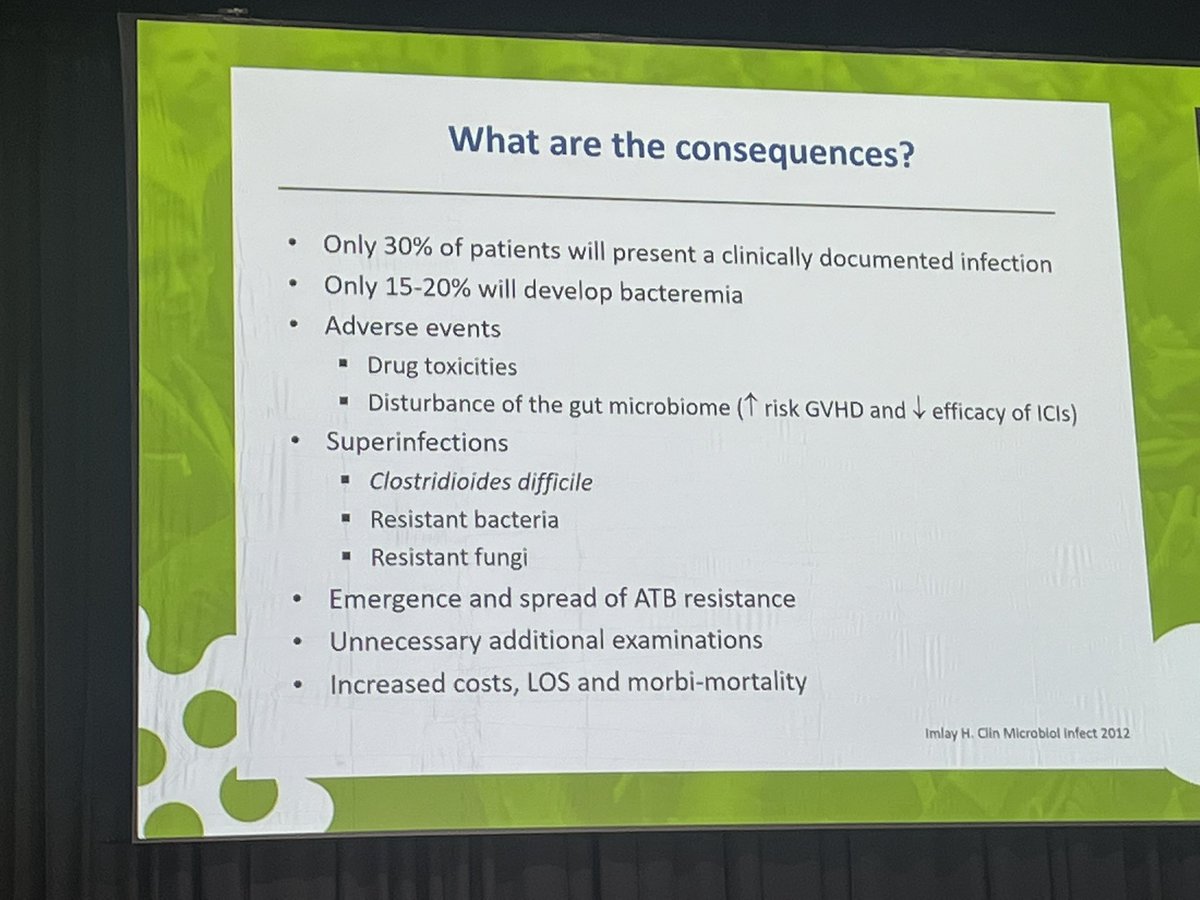 Excellent meet experts session on febrile neutropenia with Carlota Gudiol. No role for serial repetition of BCs in patients with *just* persisting fever. Limited role for routine addition of gpos cover. Individualised duration based on  clinical status - can often stop earlier
