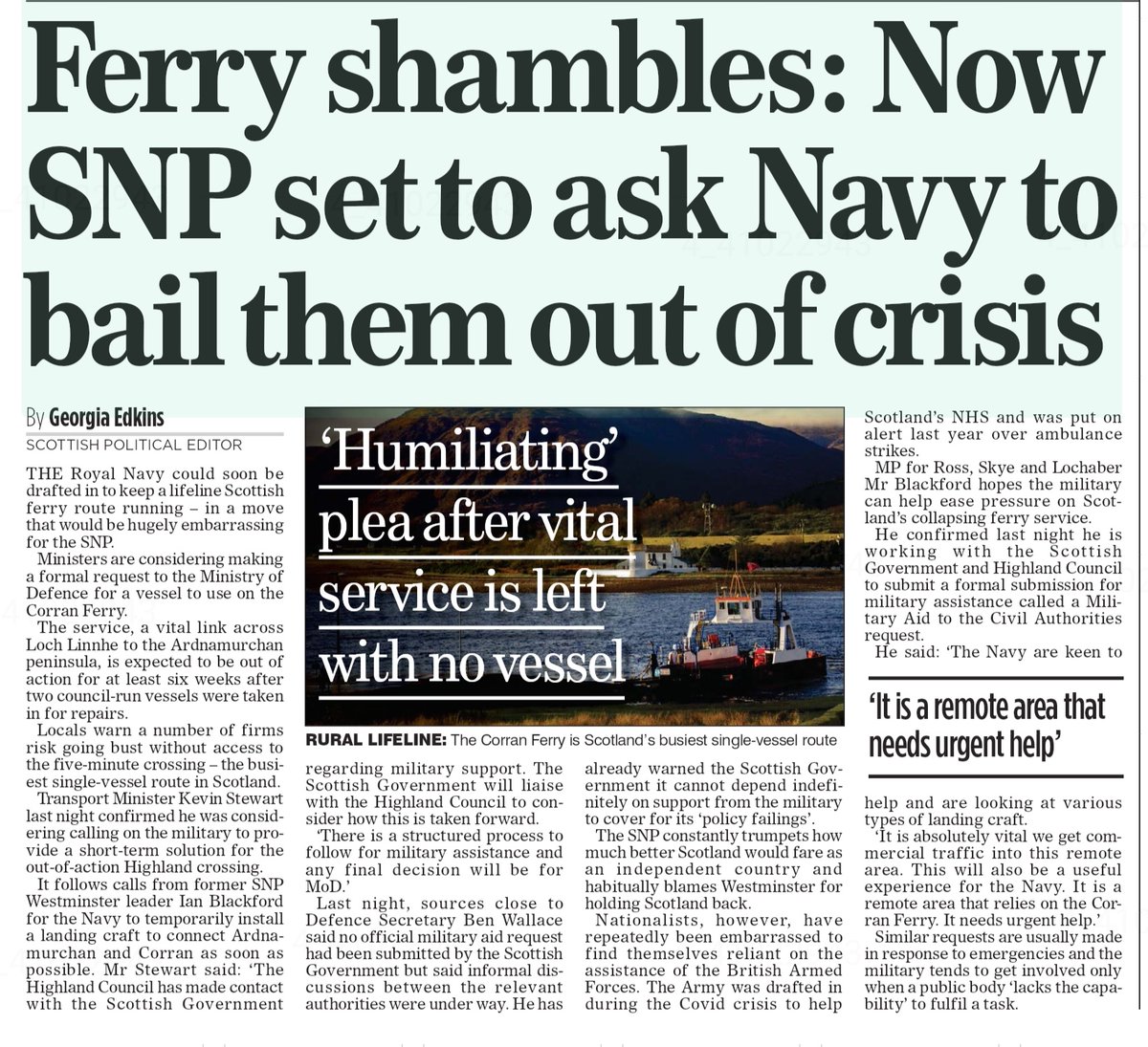 Just like the British Army bailed out the SNP during the Covid crisis, the Royal Navy is about to be called in to sort out their #ferriesfiasco.

How utterly embarrassing for them.