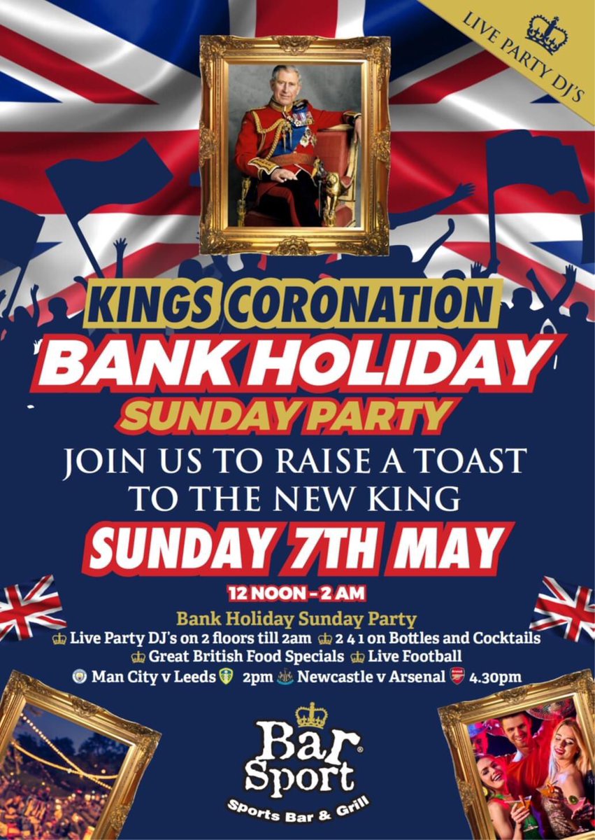 🇬🇧 Join us on Sunday 7th May for our extra (thanks King 👑🤴) Bank Holiday Sunday Party Night! 
We'll have Great British Food & Drink Specials all weekend 
Plus Live Party D.J's till late. 🎉
#barsportcannock #godsavetheking #bankholidayfootball #sundayfunday #greatbritishfood