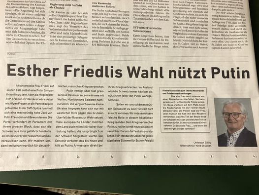 KasparSurber's tweet photo. Kriegt Esther Friedli im St.Galler Ständeratswahlkampf ein Ukraine-Problem? Inserat gestern im Tagblatt, aufschlussreicher Bericht zu ihrem Stimmverhalten bei Saiten: https://t.co/oxOG1hjNxV https://t.co/TdjcBQ9U32