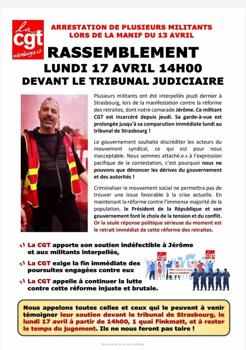 StrasbourgFI's tweet photo. 🔴 Solidarité indéfectible avec Jérôme, #Macron ne nous fera pas plier
#repressionpoliciere #repressionjudiciaire https://t.co/legW7VCBAM
