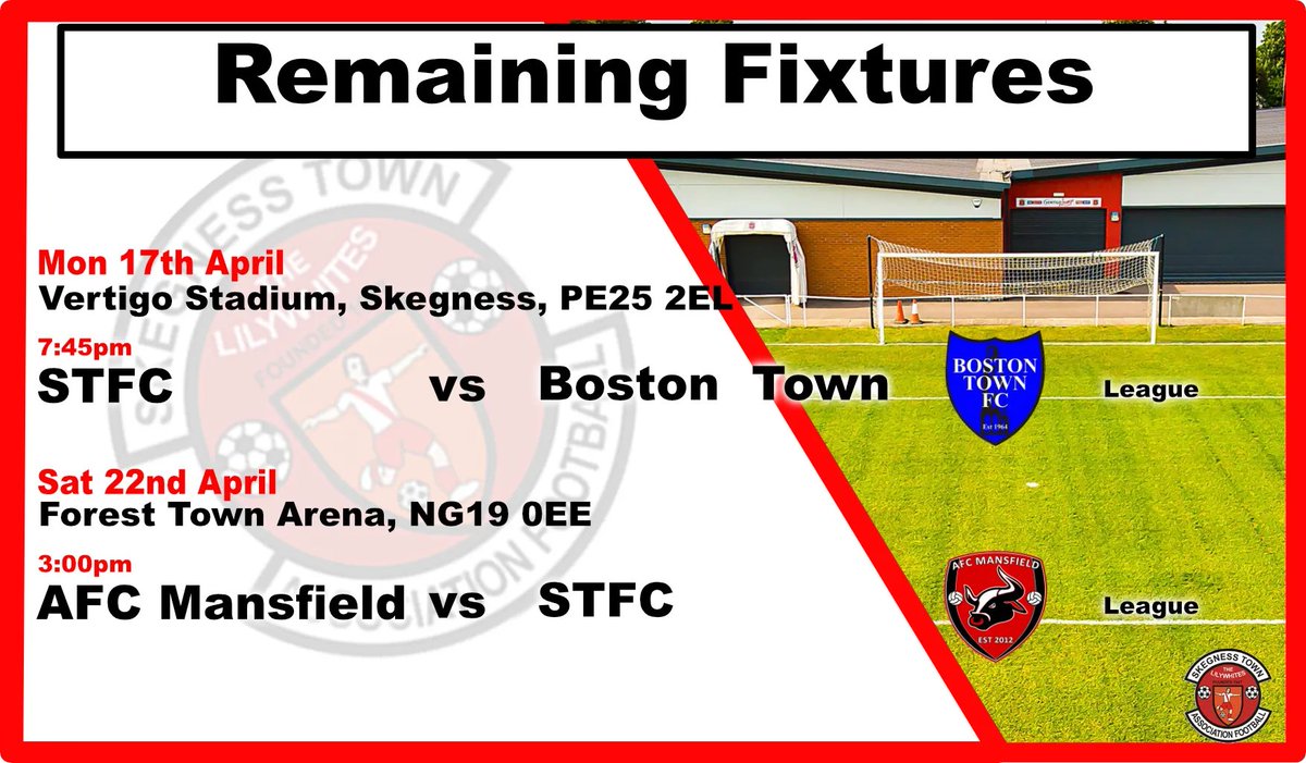 With 2 games left in the League for us, grab your chance to catch a game before the season ends:

Monday 17th - Home vs <a href="/bostontownfc/">Boston Town FC</a> 
Saturday 22nd - Away vs <a href="/AFCMansfield/">AFC Mansfield</a> 
#COST 🔴 ⚪