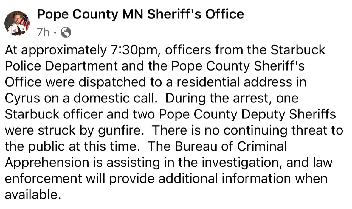 MNSheriffs's tweet photo. Last night, a Deputy was shot and killed in the line of duty. Our thoughts and condolences go out to their family, friends and colleagues during this devastating time. 

We pray for a full recovery for the two other law enforcement officers who were shot during this incident. https://t.co/fyrlBX45rW