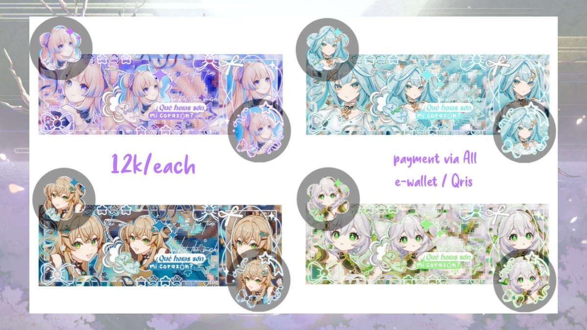 [ help rt? thank you! ]

Hii aku ada ready stock layout genshin 12k/each. Bisa diclaim sekarang!!
Dapet 2 ava PNG + header nya.
Payment via All e-wallet/Qris 
#zonauang #zonajajan

[please check rep for more info]