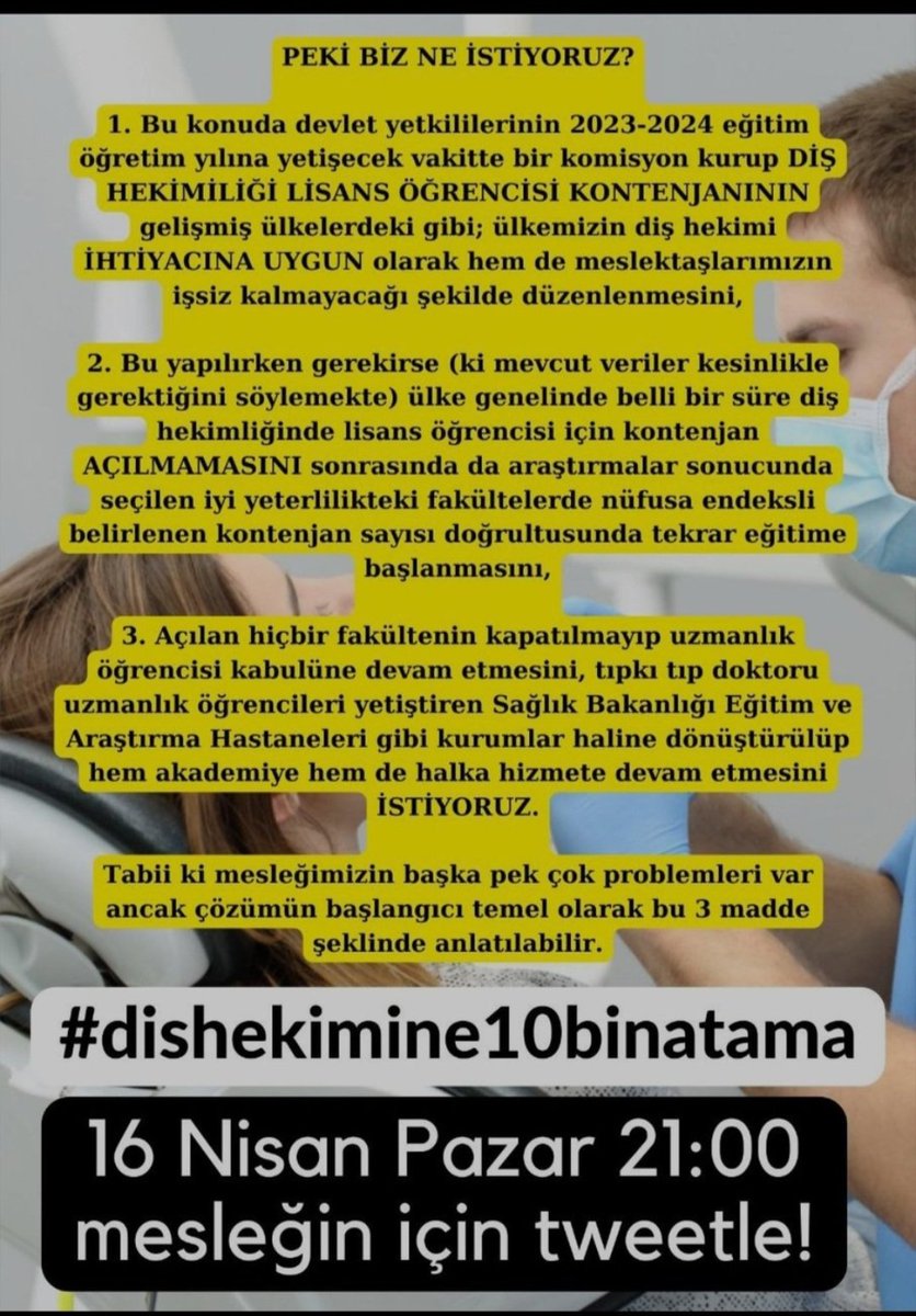 <a href="/drfahrettinkoca/">Dr. Fahrettin Koca</a>
Toplumun ihtiyacı olan diş hekimi sayısı hesaplanıp uzun vadeli toplum ağız ve diş sağlığı planlamaları yapılarak diş hekimliği fakulteleri açılmalı, her ile fakülte açılması diş hekimi enflasyonu yaratmakta ve meslek itibarına zarar vermektedir.
<a href="/hekimsen/">Hekimsen</a>
