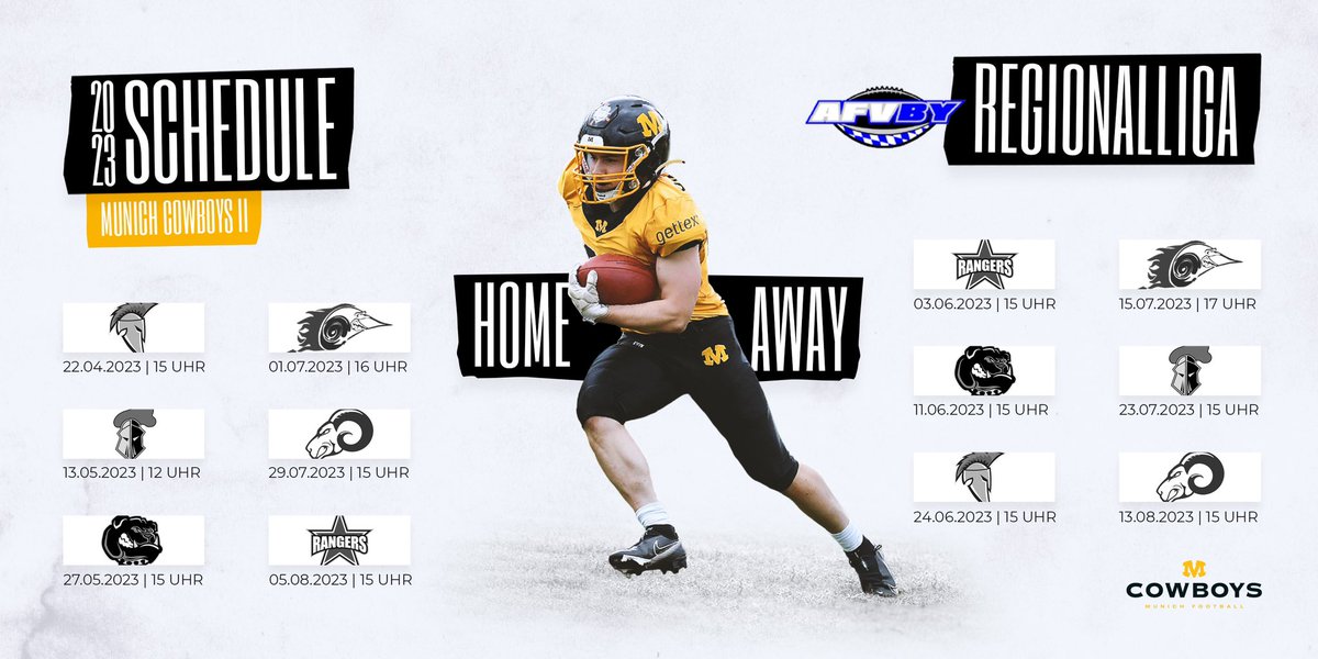 Während unsere Jungs im Trainingslager sind, veröffentlichen wir den Spielplan für unsere zweite Mannschaft:

#thecowboysway  #miasanfootball #munichcowboys #munichfootball #blackandyellow  #münchen #gfl #americanfootball #erimagfl #regio #season23 #thisisgfl #ortdesgeschehens