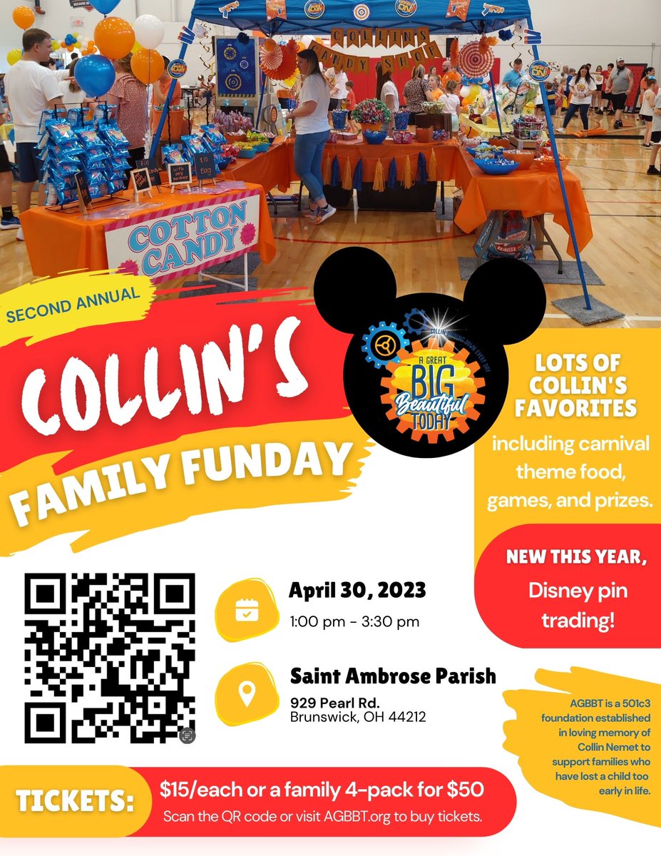 A Great Big Beautiful Today (AGBBT) foundation is hosting its second annual Collin’s Family Funday event on Sunday, April 30th, at St. Ambrose from 1:00-3:00 pm. AGBBT was established in loving memory of Collin Nemet to support families who have lost a child.