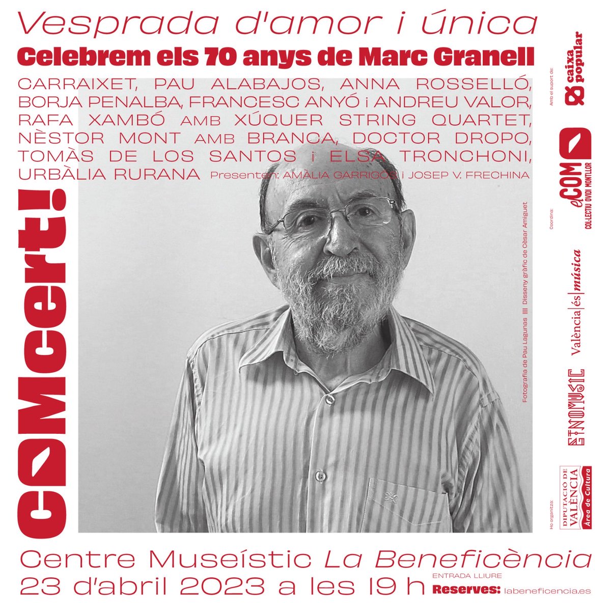 Diumenge vinent! Gran notícia: El COM <a href="/PremisOvidi/">el COM</a> organitza aquest concertàs per a felicitar Marc Granell pel seu 70 aniversari i gaudir dels poemes que li hem musicat. El títol del COMCERT l'hem manllevat d'un poema seu. El cartellàs és del dissenyador <a href="/cesaramiguet/">Cèsar Amiguet ⚡️</a>.