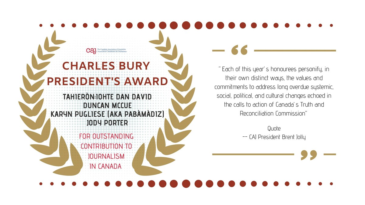.<a href="/caj/">Canadian Association of Journalists</a> Four Canadian journalists recognized for championing Indigenous journalism, and telling truth, about long-standing systemic injustices #cdnmedia bit.ly/3GODzZT