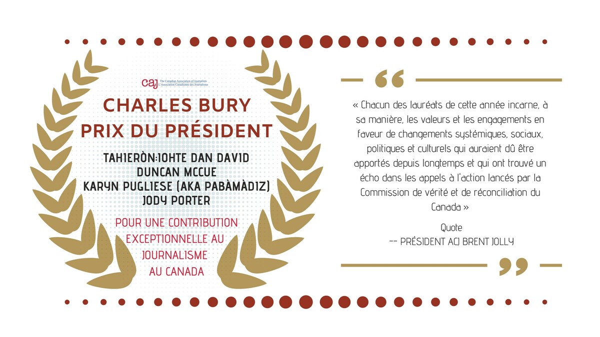 .<a href="/caj/">Canadian Association of Journalists</a> Quatre journalistes canadiens récompensés pour avoir défendu le journalisme autochtone et dévoilé la vérité sur des injustices systémiques de longue date #médias bit.ly/3A3iIhI