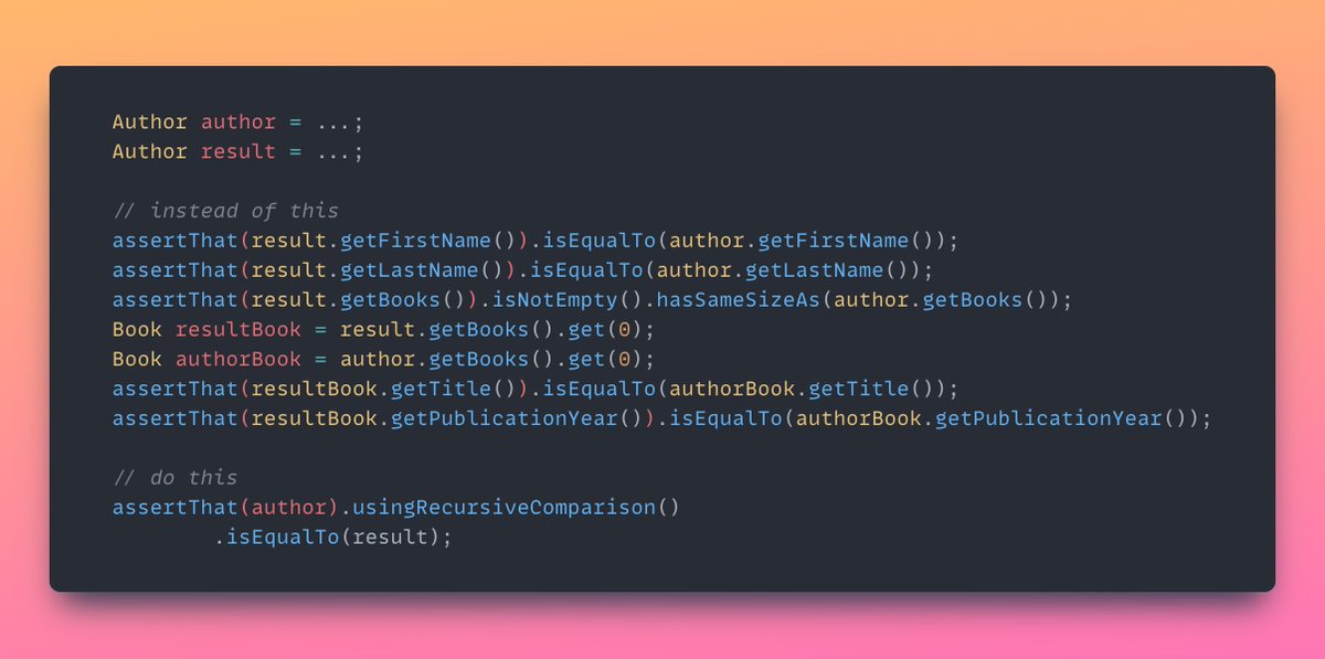 💡 AssertJ Tip: use `usingRecursiveComparison().isEqualTo(..)` to assert two objects - including nested ones - have fields with same values: