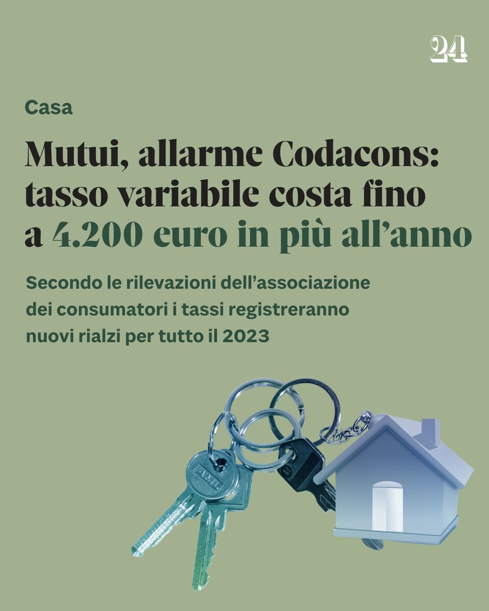 sole24ore's tweet photo. 🔸 L’aumento dei tassi da parte della Bce per raffreddare l’inflazione si ripercuote sulle tasche di chi ha chiesto un #mutuo #casa.
📈 Quelli a tasso #variabile sono l’esempio più emblematico di ciò che sta accadendo da qualche mese, secondo quanto riportato dal #Codacons. https://t.co/5AaiPD9QSB