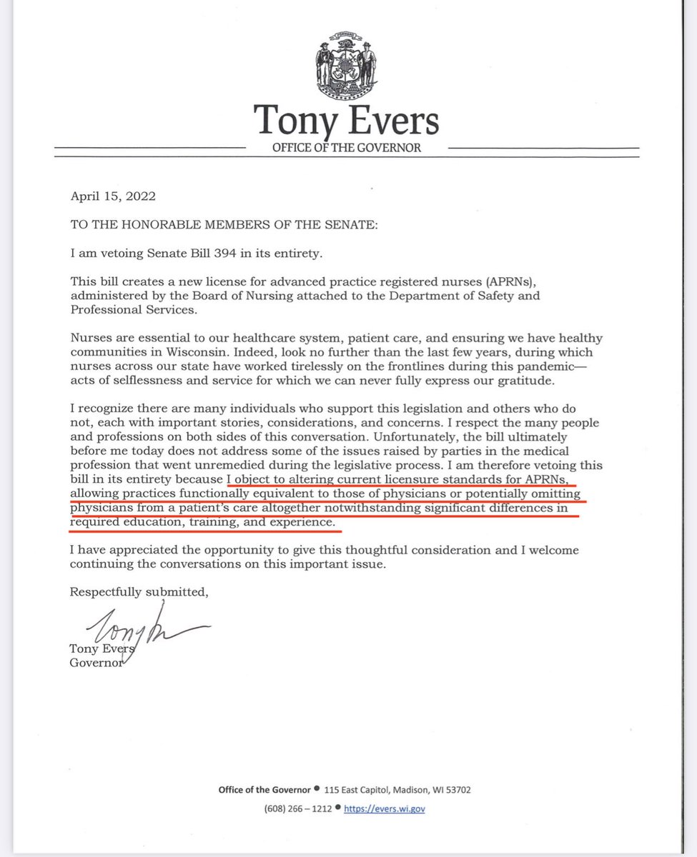 Suburbanbella's tweet image. That is practicing medicine w/o a medical license...which has been legalized by legislators. Where else in any country can someone with a master's degree practice medicine(NPs are RN's with master's degrees)? The Wisconsin governor got it. That education matters. And said no.