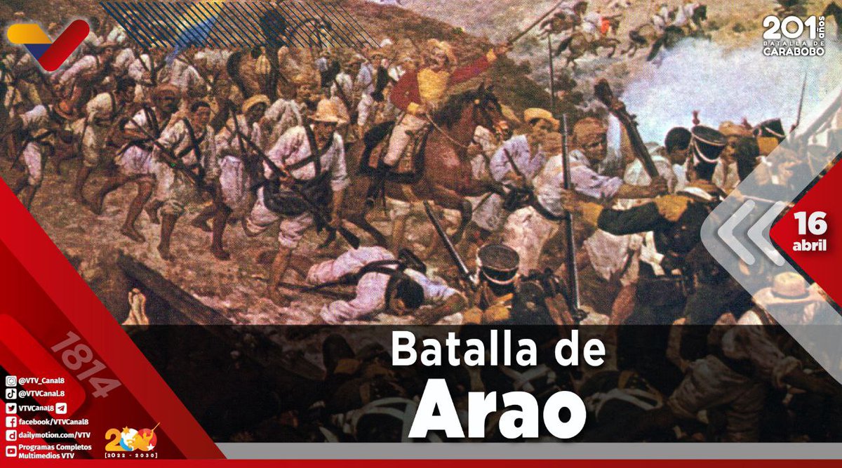 #EFEMÉRIDE🗓️| Se cumplen 209 años de la Batalla de Arao; un encuentro librado de la Guerra de Independencia de Venezuela, entre las fuerzas republicanas del General Santiago Mariño y el ejército del Coronel José Ceballos, en las sabanas de Cojedes. #JusticiaYPaz