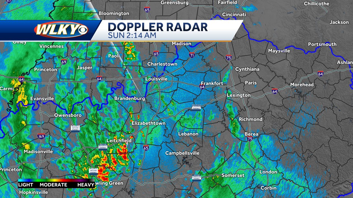 WLKYSusanneH's tweet photo. A broken line of gusty showers and a few storms is tracking east through the viewing area early this morning.  No warnings at this time.  This line will continue to weaken.
#WLKY #KYwx #INwx https://t.co/P3CKRONdbO