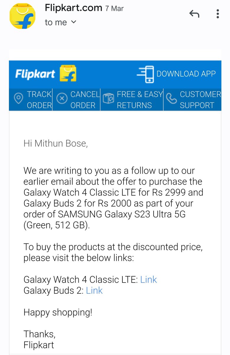 bosemithun77's tweet photo. #consumer I was offered  asamsung watch when I purchased s23 ultra from flipkart as a pre booking offer but I have not received  it being 45 days of purchase..I was given invalid links but still not received anything..can u help regarding this issue https://t.co/mG1aKk5Qft