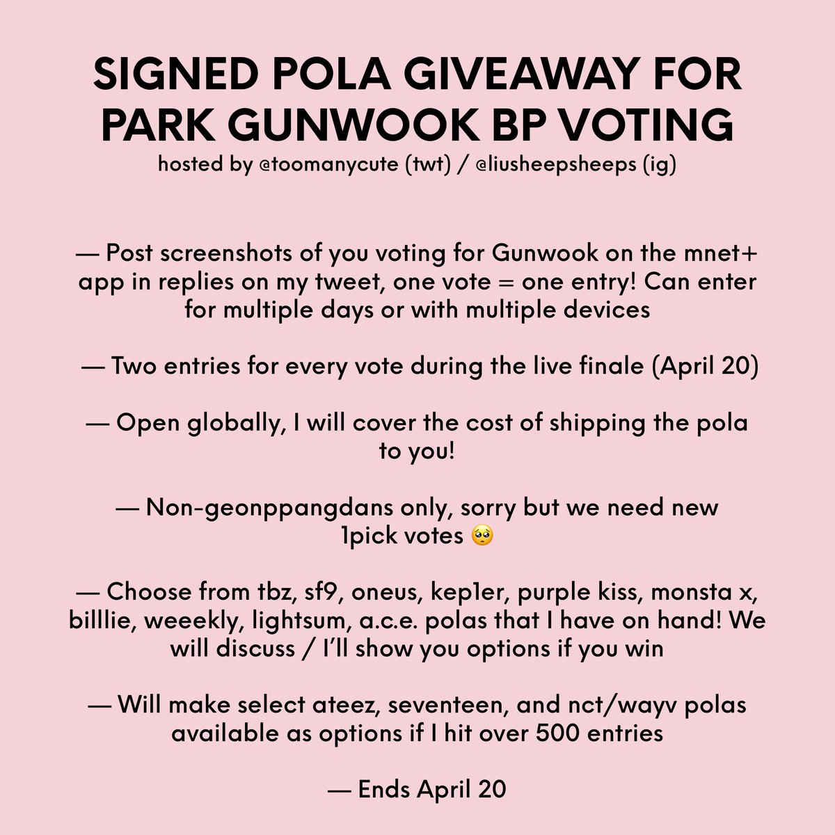 toomanycute's tweet photo. ‼️ SIGNED POLA GIVEAWAY FOR PARK GUNWOOK VOTING ‼️

Rules:
- Post screenshots of you voting for Gunwook on the mnet+ app in replies, one vote = one entry!
- Two entries per live finale vote
- Ends 4/20
- More details 👇

#boysplanet #parkgunwook #gunwook #박건욱 #パクゴヌク https://t.co/p08FtoIpW9