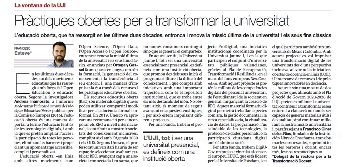 francescesteve's tweet photo. "Pràctiques obertes per a transformar la universitat", article d'opinió publicat avui en @epmediterraneo, sobre els projectes de creació de Recursos Educatius Oberts (#OER) que estem desenvolupant a la @UJIuniversitat - #UJIdigital #ProDigital #DigiUGov https://t.co/6QR1HrZn5p https://t.co/x14epw2UhA
