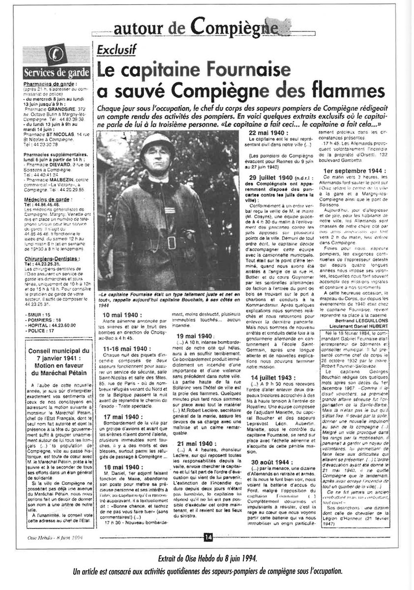 Pompiers60's tweet photo. #Histoire 🎖Avril 1947, le Capitaine Fournaise est nommé Chevalier de la Légion d’Honneur en récompense du courage dont il a fait preuve avec ses hommes à #Compiègne. Voici un article extrait de @Oisehebdo , consacré aux activités des pompiers de Compiègne sous l’occupation. https://t.co/ctj06FkgT4