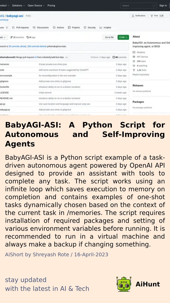 aihuntapp's tweet image. 🔍🤔🔎 Have you ever wondered how people can complete any task with ease? 🤖💼📝 It turns out, there&apos;s an AI-powered assistant making it all possible! 😱🤯 Check out our latest story on BabyAGI-ASI, and stay tuned for more updates. #AIassistance #taskdriven #OpenAI