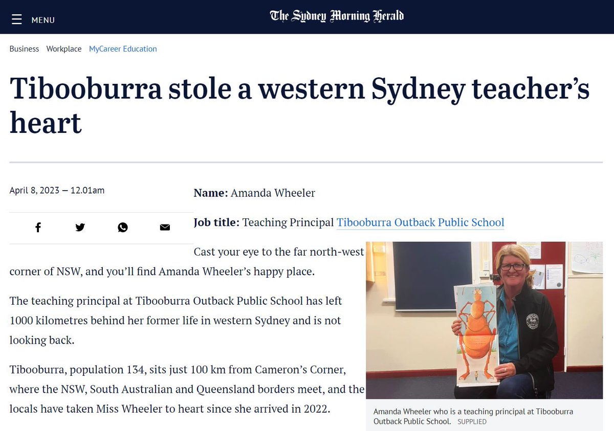 dizdarm's tweet photo. Amanda Wheeler is an outstanding teaching principal at Tibooburra Outback PS. Read the inspiring @smh article that features Amanda. https://t.co/aMUd3zHukX https://t.co/QLOnG1spFF
